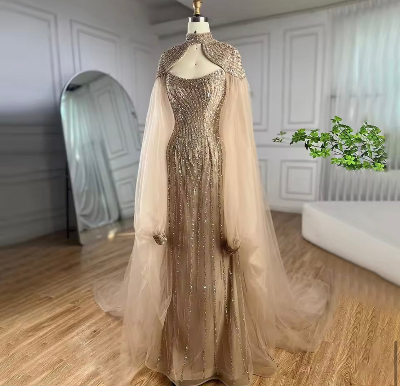 Mermaid Long Cloak Beaded Pearls Luxury Evening Dresses Gowns