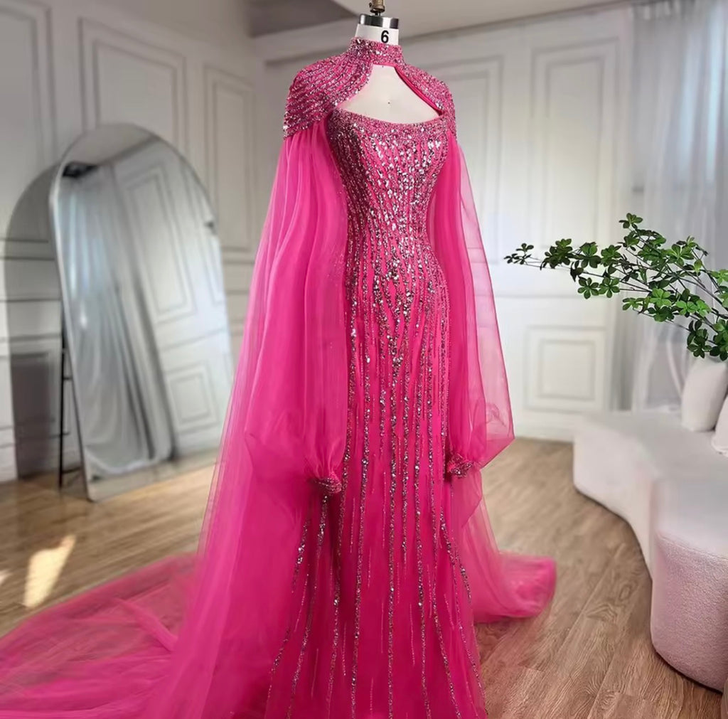 Mermaid Long Cloak Beaded Pearls Luxury Evening Dresses Gowns