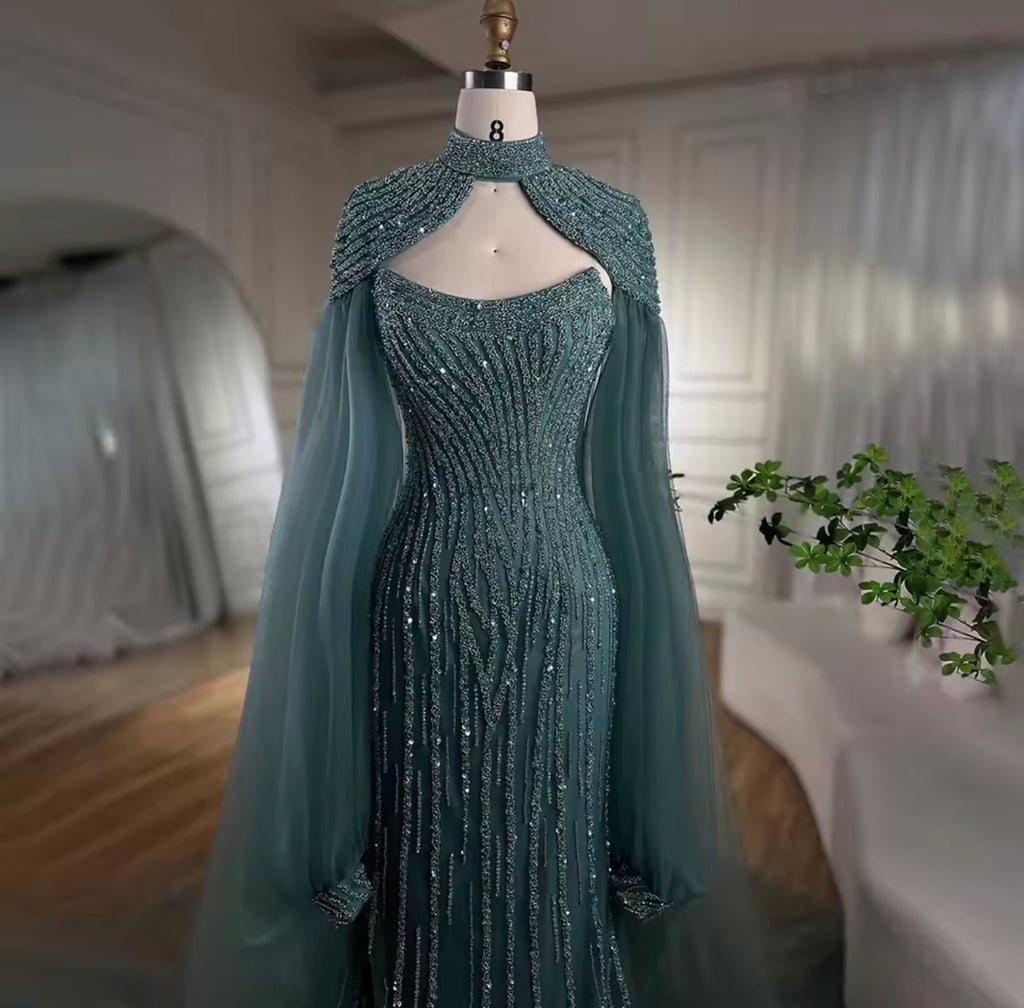 Mermaid Long Cloak Beaded Pearls Luxury Evening Dresses Gowns