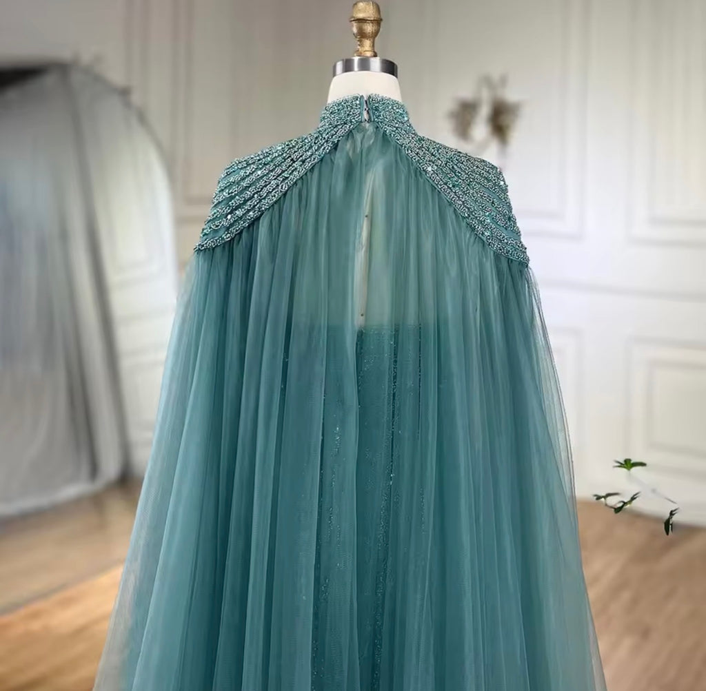 Mermaid Long Cloak Beaded Pearls Luxury Evening Dresses Gowns