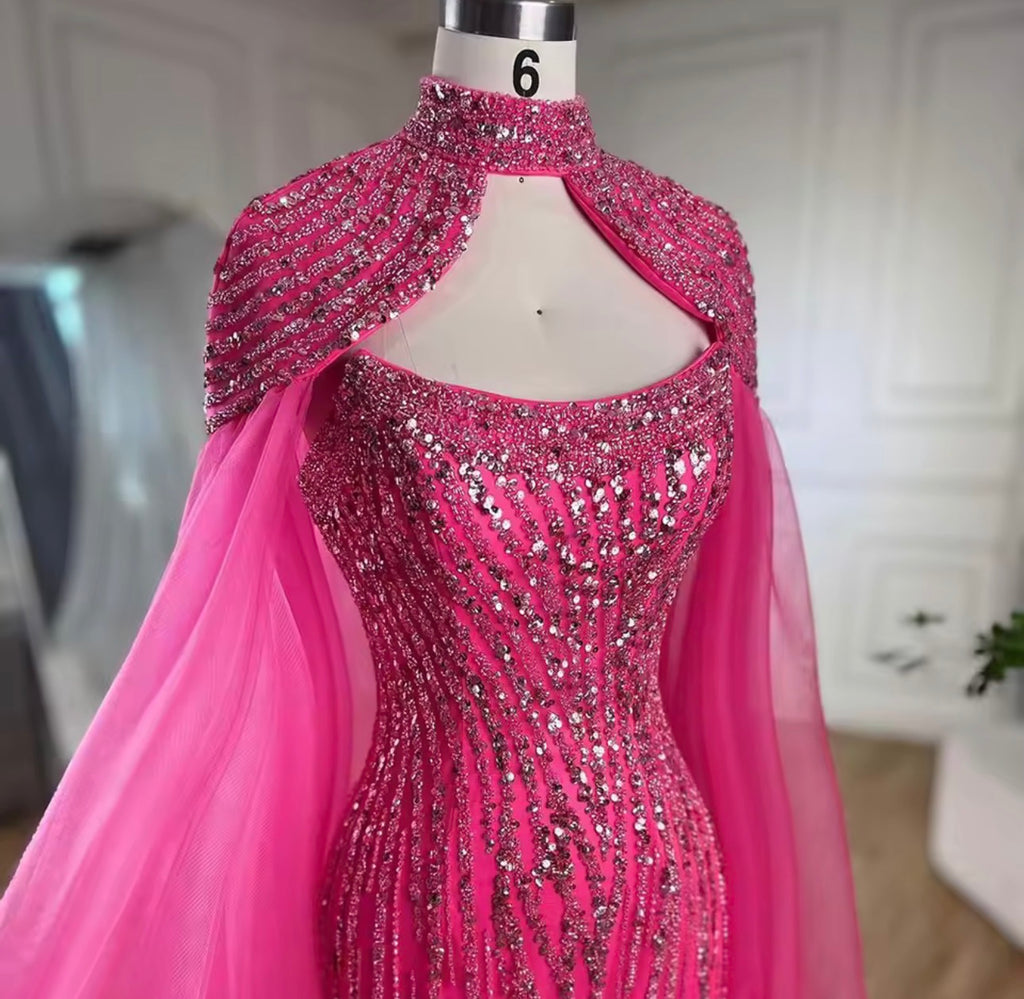 Mermaid Long Cloak Beaded Pearls Luxury Evening Dresses Gowns