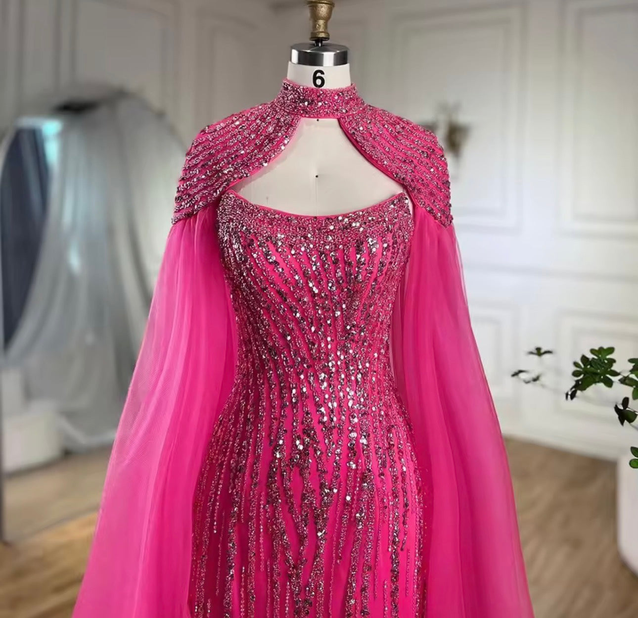 Mermaid Long Cloak Beaded Pearls Luxury Evening Dresses Gowns
