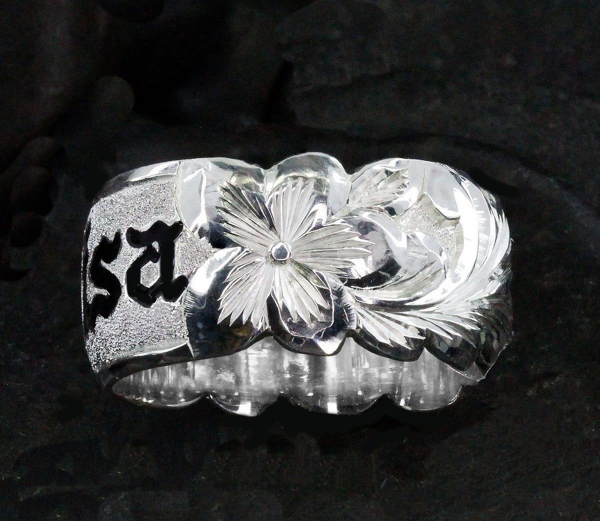 Hand Engraved 10mm Hawaiian Ring: Black Enameled Sterling Silver Kuuipo Name Ring