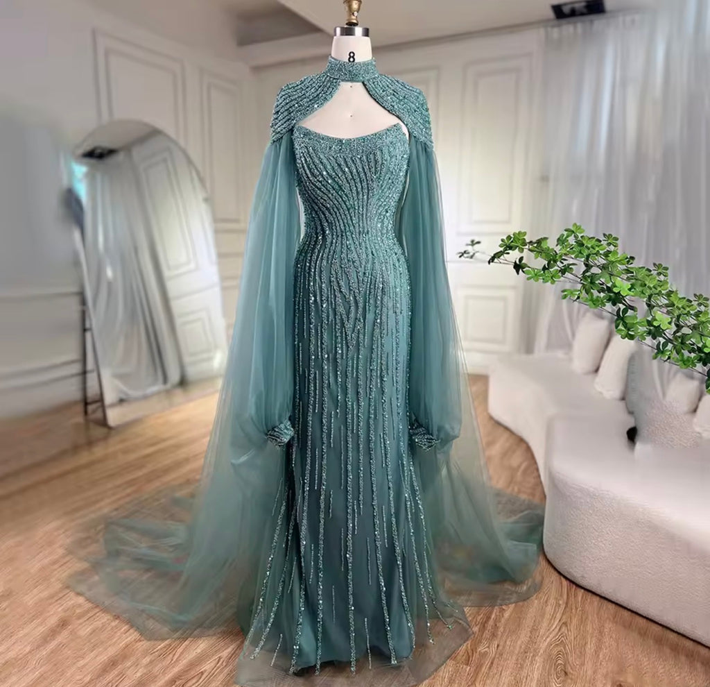 Mermaid Long Cloak Beaded Pearls Luxury Evening Dresses Gowns