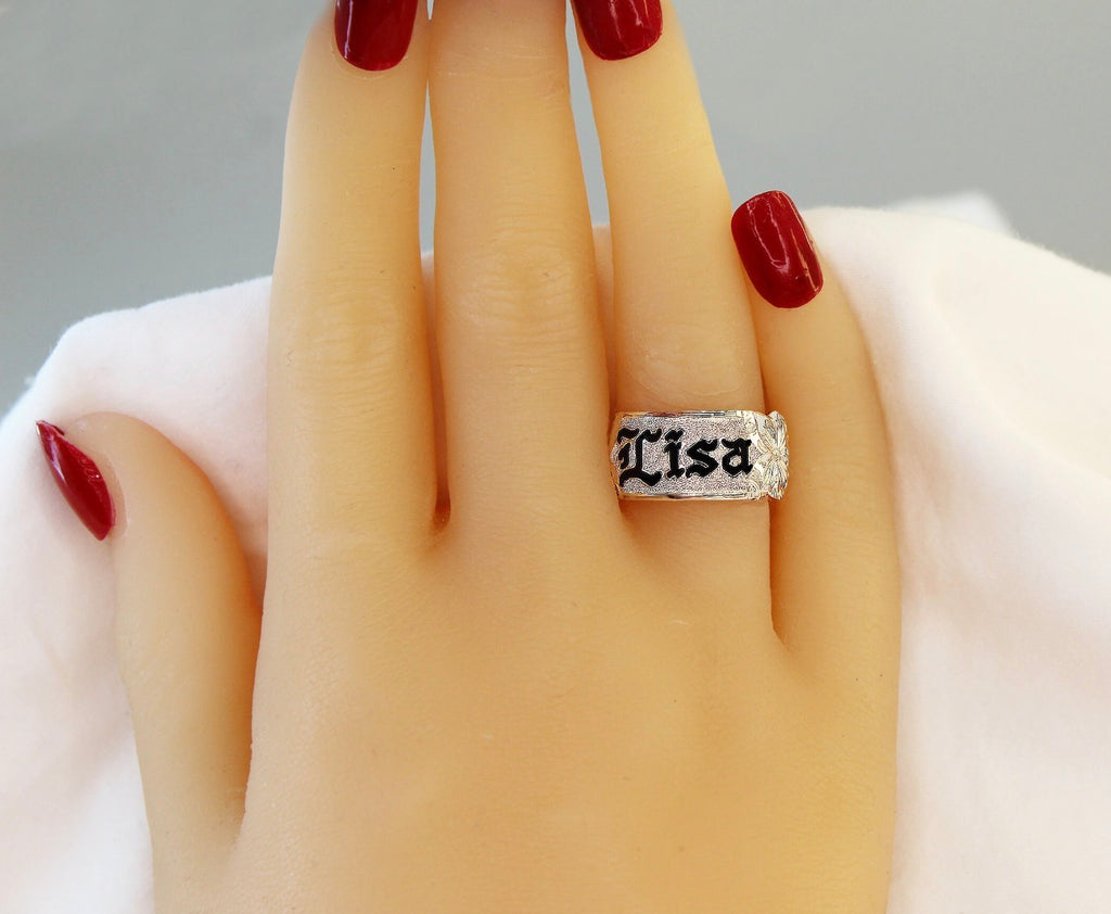 Hand Engraved 10mm Hawaiian Ring: Black Enameled Sterling Silver Kuuipo Name Ring
