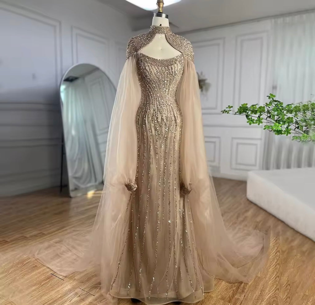 Mermaid Long Cloak Beaded Pearls Luxury Evening Dresses Gowns