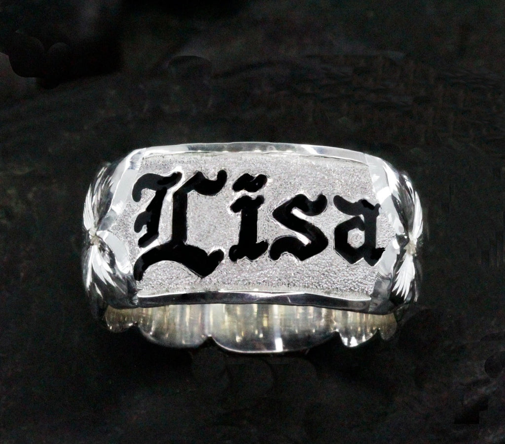 Hand Engraved 10mm Hawaiian Ring: Black Enameled Sterling Silver Kuuipo Name Ring