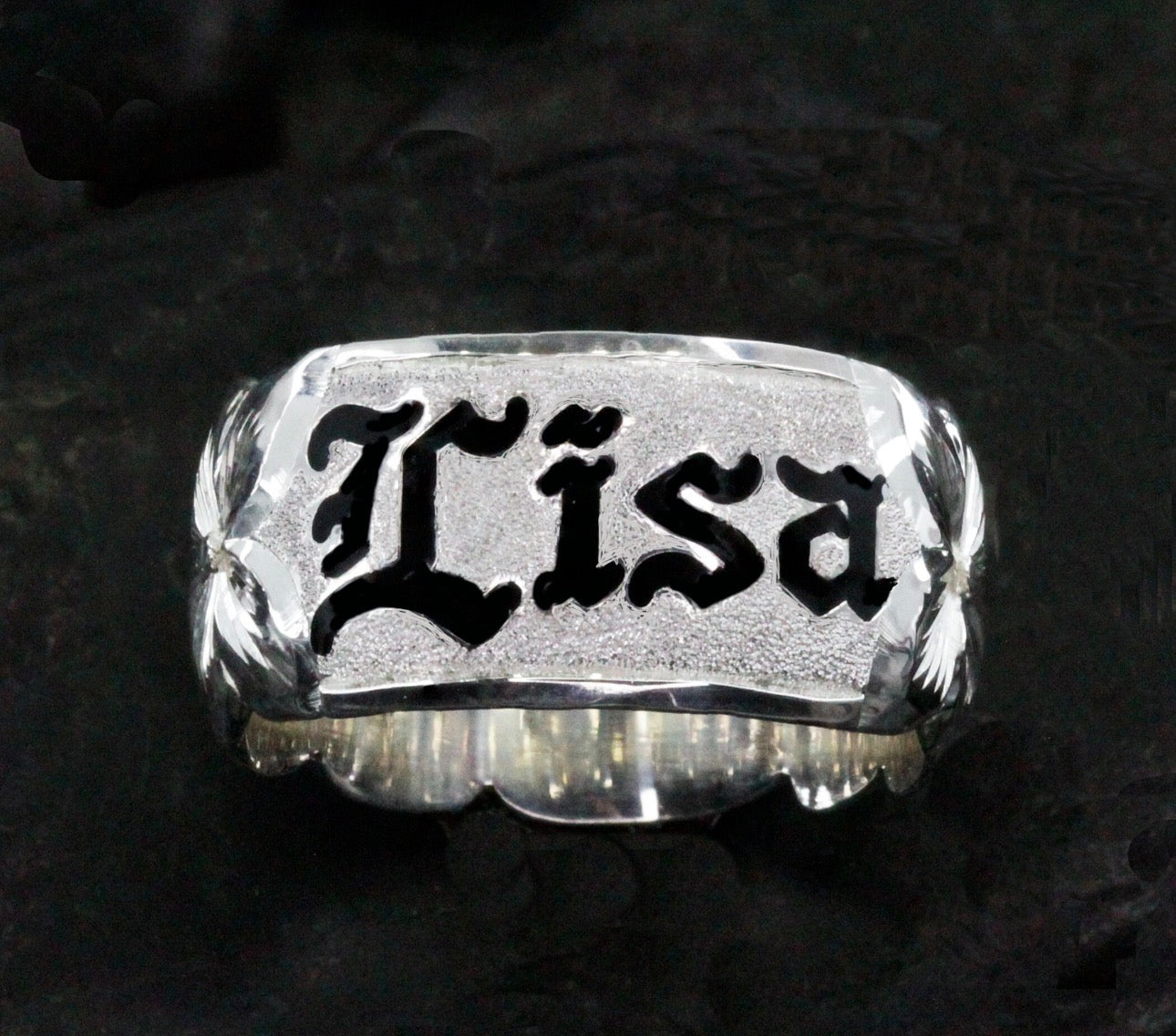 Hand Engraved 10mm Hawaiian Ring: Black Enameled Sterling Silver Kuuipo Name Ring