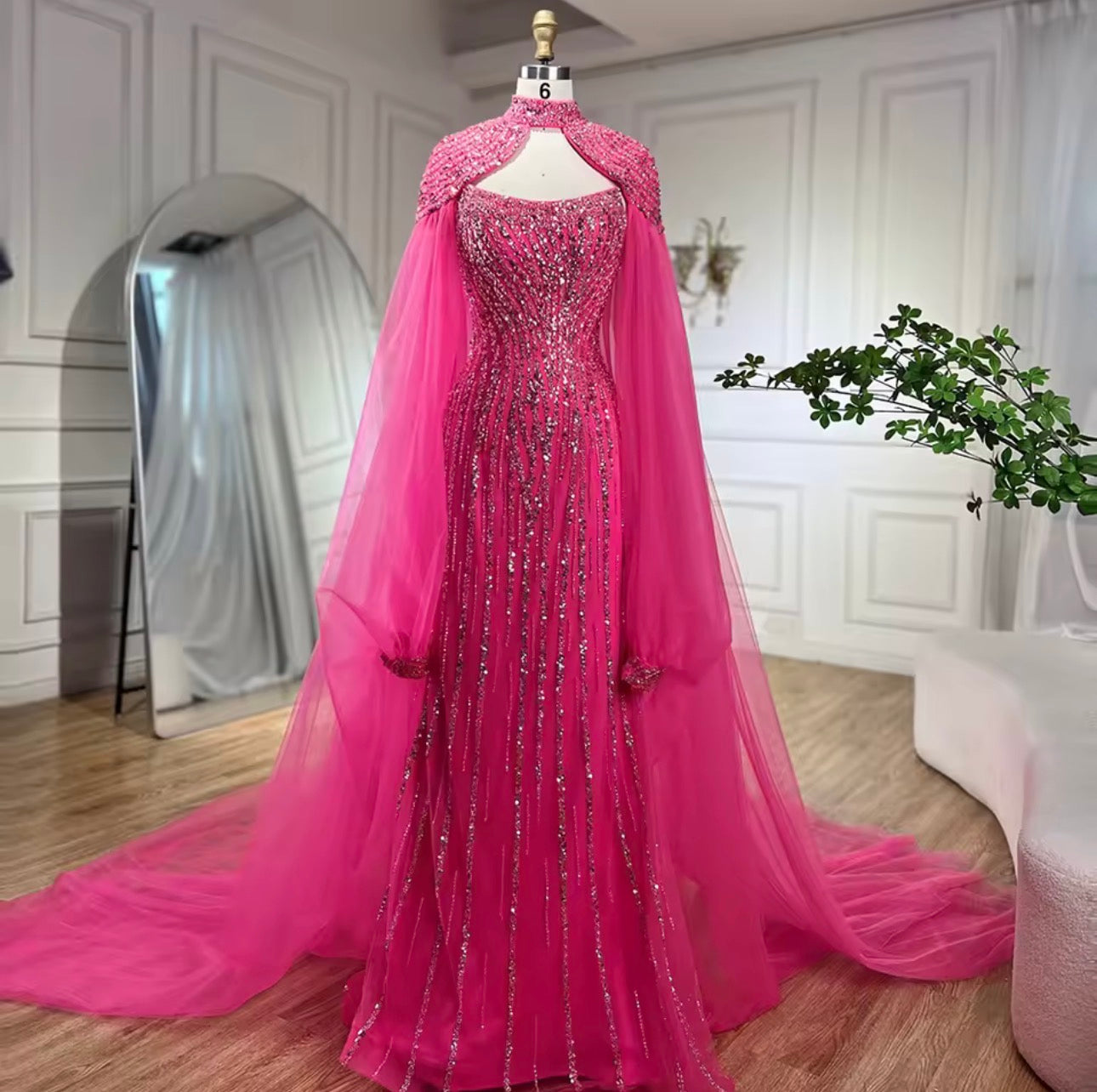 Mermaid Long Cloak Beaded Pearls Luxury Evening Dresses Gowns