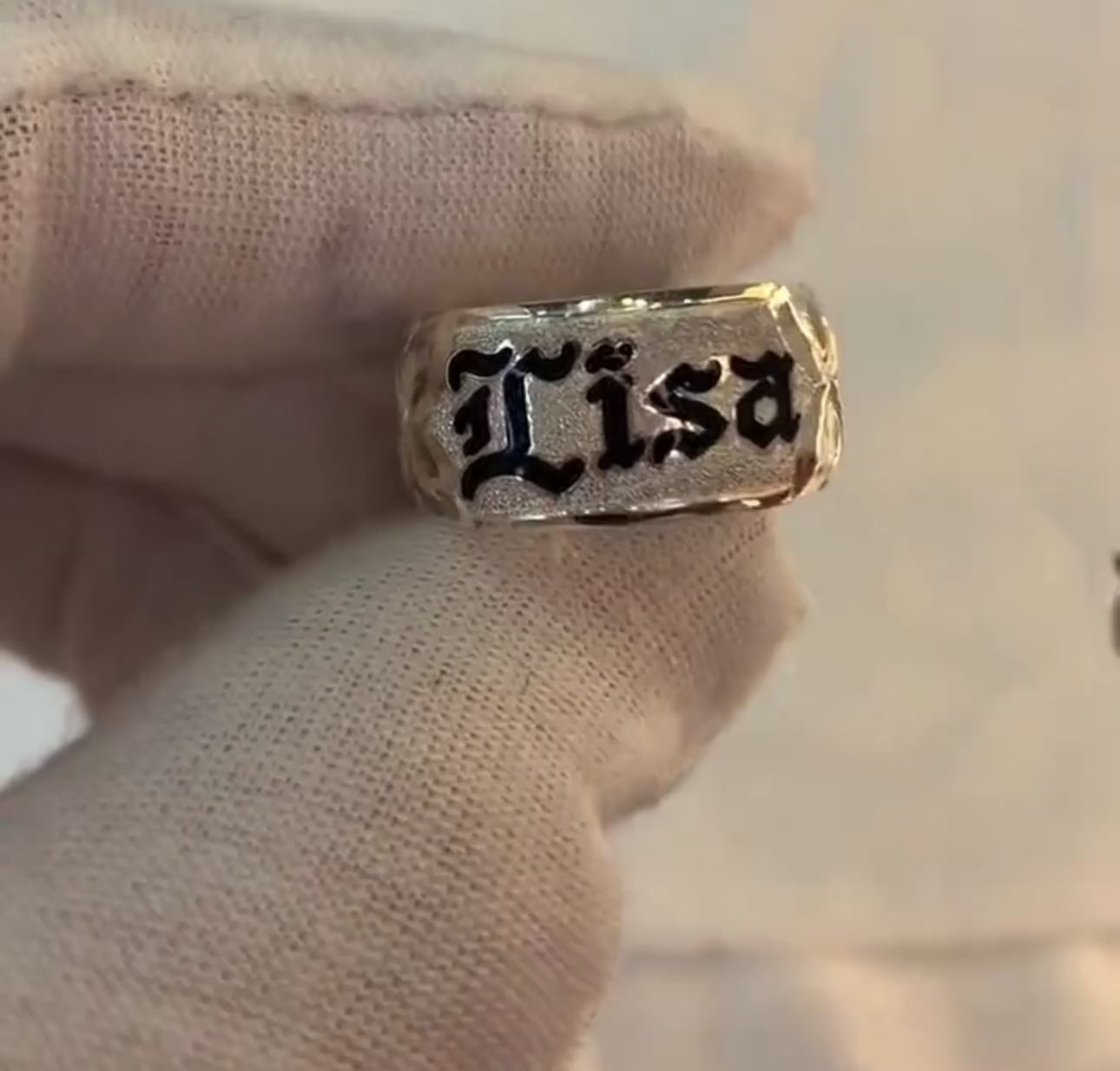 Hand Engraved 10mm Hawaiian Ring: Black Enameled Sterling Silver Kuuipo Name Ring